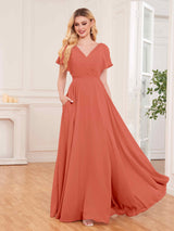 Chic V-Neck Short Sleeves Slit Chiffon Bridesmaid Dresses With Pockets