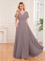 Chic V-Neck Short Sleeves Slit Chiffon Bridesmaid Dresses With Pockets