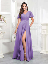 Chic V-Neck Short Sleeves Chiffon Bridesmaid Dresses With Pockets