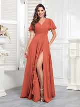 Chic V-Neck Short Sleeves Chiffon Bridesmaid Dresses With Pockets
