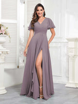 Chic V-Neck Short Sleeves Chiffon Bridesmaid Dresses With Pockets