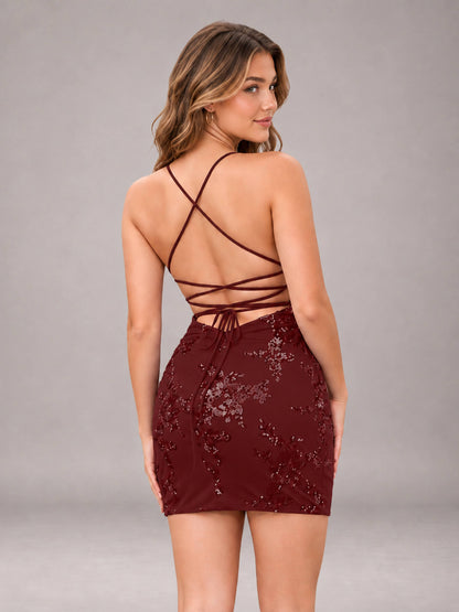 Burgundy Chic V-Neck Spaghetti Straps Sequins Short Homecoming Dresses