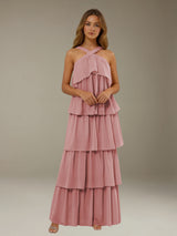 Chiffon Halter Bridesmaid Dress with Ruffles