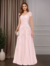 Chiffon Mother of the Bride Dress with Lace Appliques & Short Sleeves