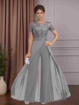 2 Pieces Chiffon Scoop Neck Short Sleeves Floor-Length Mother of the Bride Pantsuits with Lace Appliques