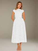 Free Shipping Classic Crew Neck Cap Sleeves Tea-Length Polka Dot Formal Dress with Zipper Back