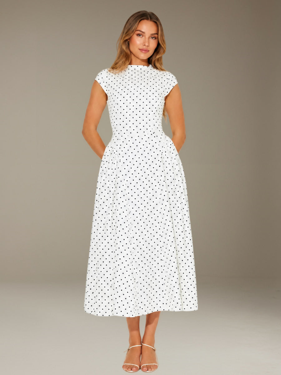 White Free Shipping Classic Crew Neck Cap Sleeves Tea-Length Polka Dot Formal Dress with Zipper Back