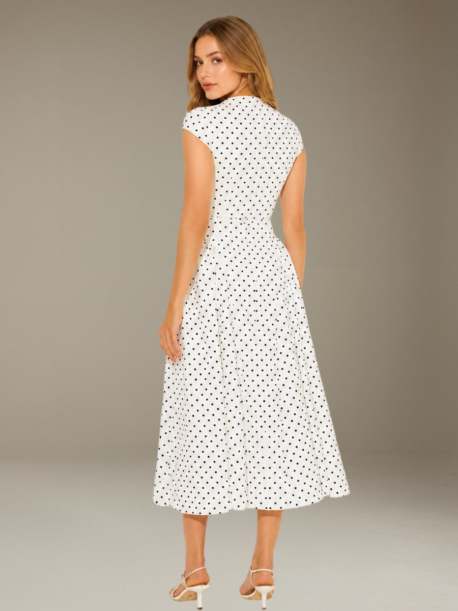 White Free Shipping Classic Crew Neck Cap Sleeves Tea-Length Polka Dot Formal Dress with Zipper Back