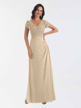 Classical V Neck Short Sleeves Lace Chiffon Mother Of The Bride Dresses