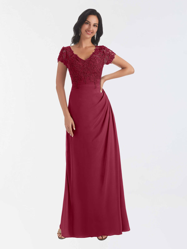 Cinnamon Rose Classical V Neck Short Sleeves Lace Chiffon Mother Of The Bride Dresses