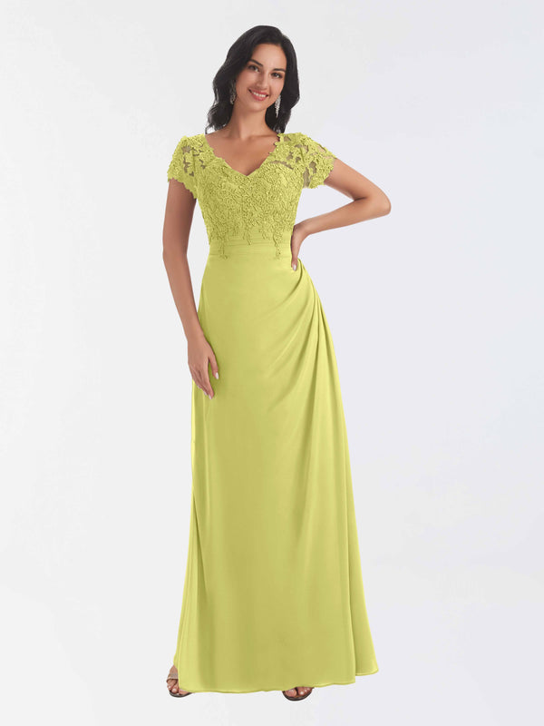 Daffodil Classical V Neck Short Sleeves Lace Chiffon Mother Of The Bride Dresses