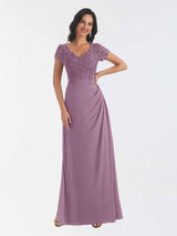 Classical V Neck Short Sleeves Lace Chiffon Mother Of The Bride Dresses