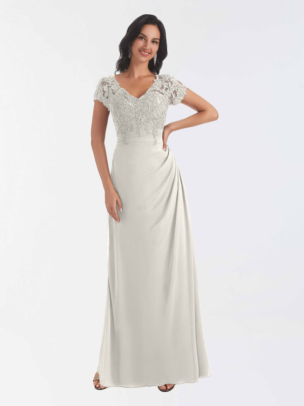 Ivory Classical V Neck Short Sleeves Lace Chiffon Mother Of The Bride Dresses
