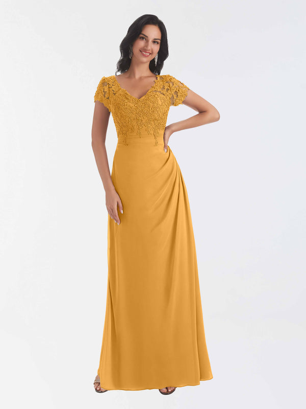 Mustard Classical V Neck Short Sleeves Lace Chiffon Mother Of The Bride Dresses