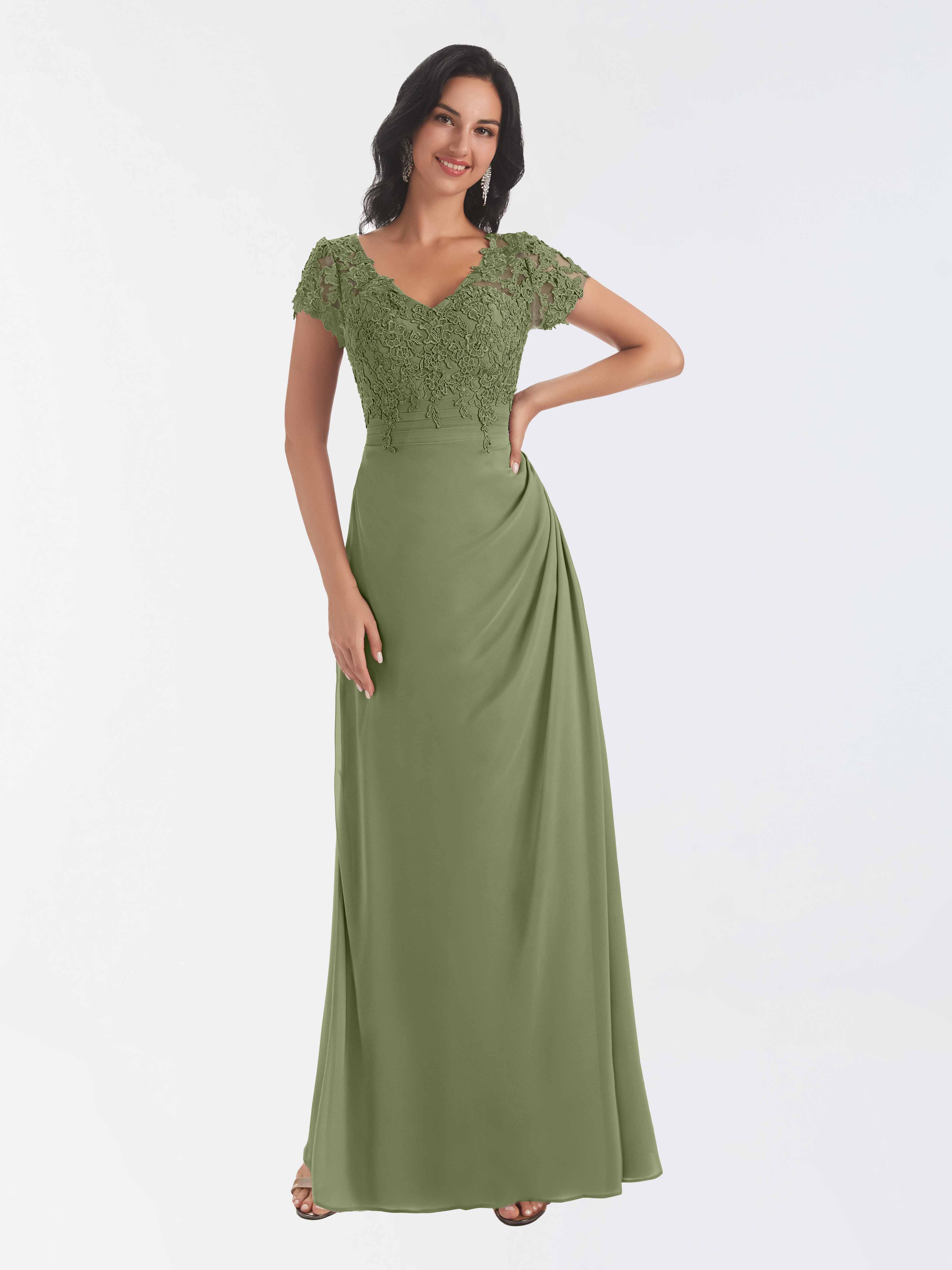 Classical V Neck Short Sleeves Lace Chiffon Mother Of The Bride Dresse ...