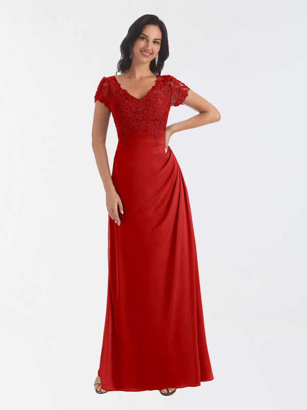 Red Classical V Neck Short Sleeves Lace Chiffon Mother Of The Bride Dresses
