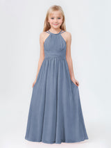 Classy A-Line Halter Sleeveless Ruched Chiffon Long Junior Bridesmaid Dresses