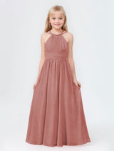 Classy A-Line Halter Sleeveless Ruched Chiffon Long Junior Bridesmaid Dresses