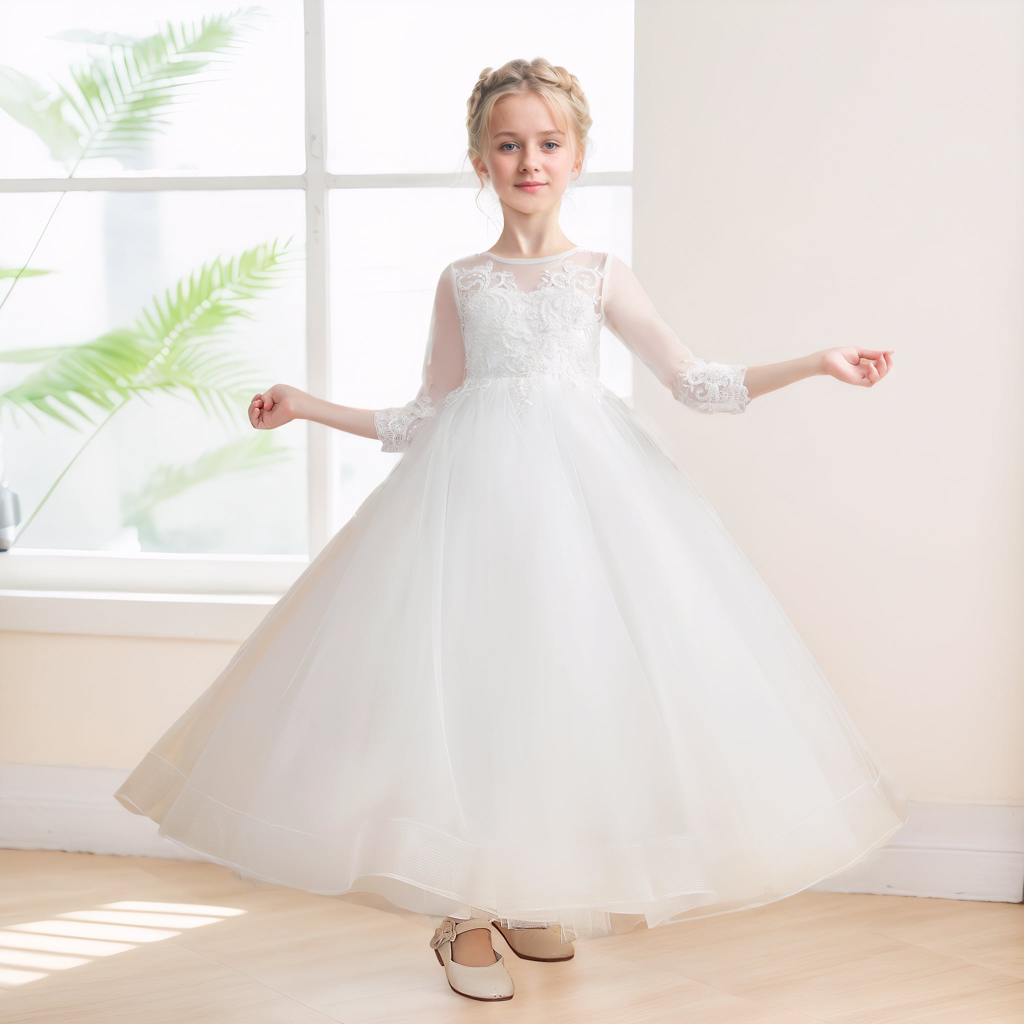 Classy A-Line Long Sleeves Applique Tulle Long Flower Girl Dresses