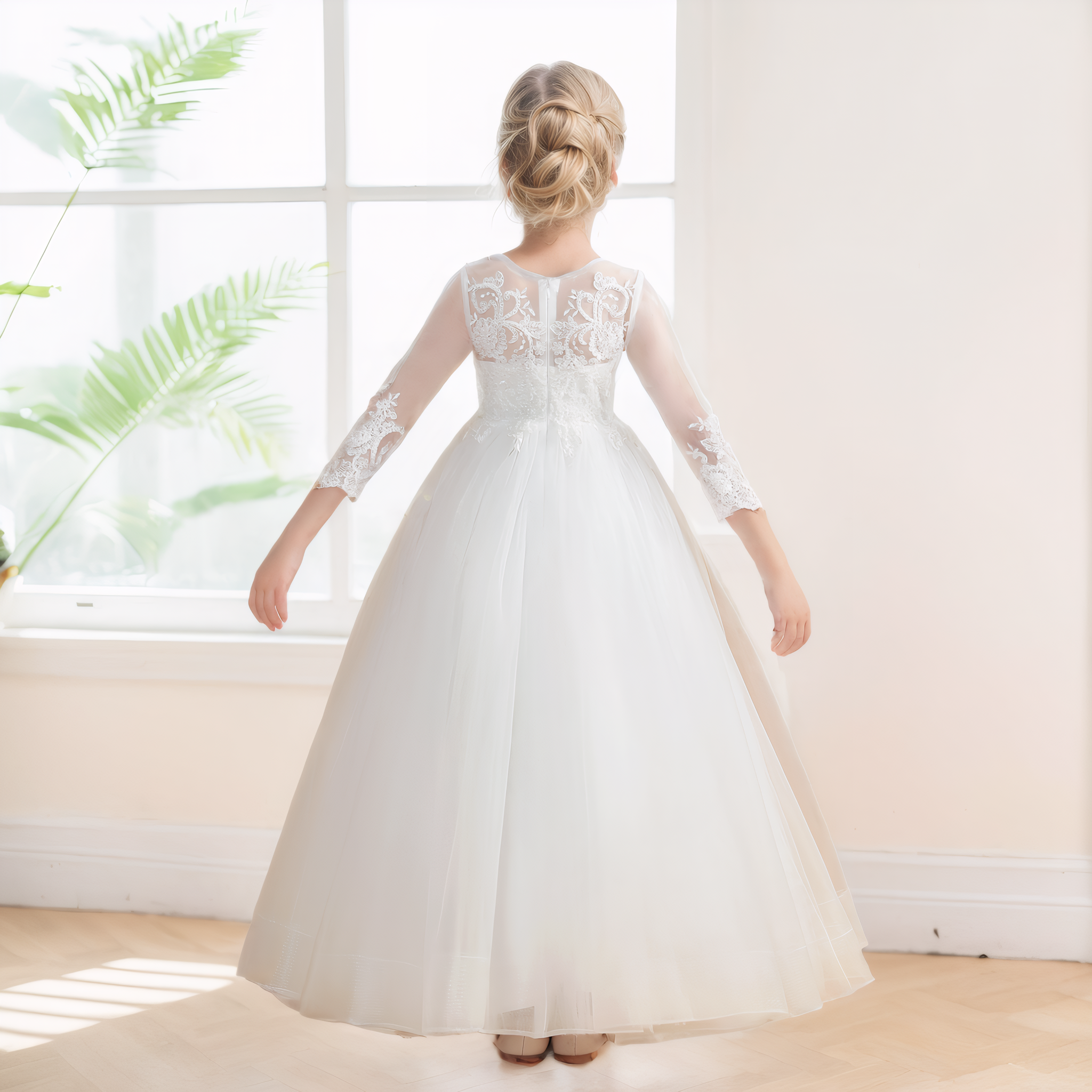 Classy A-Line Long Sleeves Applique Tulle Long Flower Girl Dresses