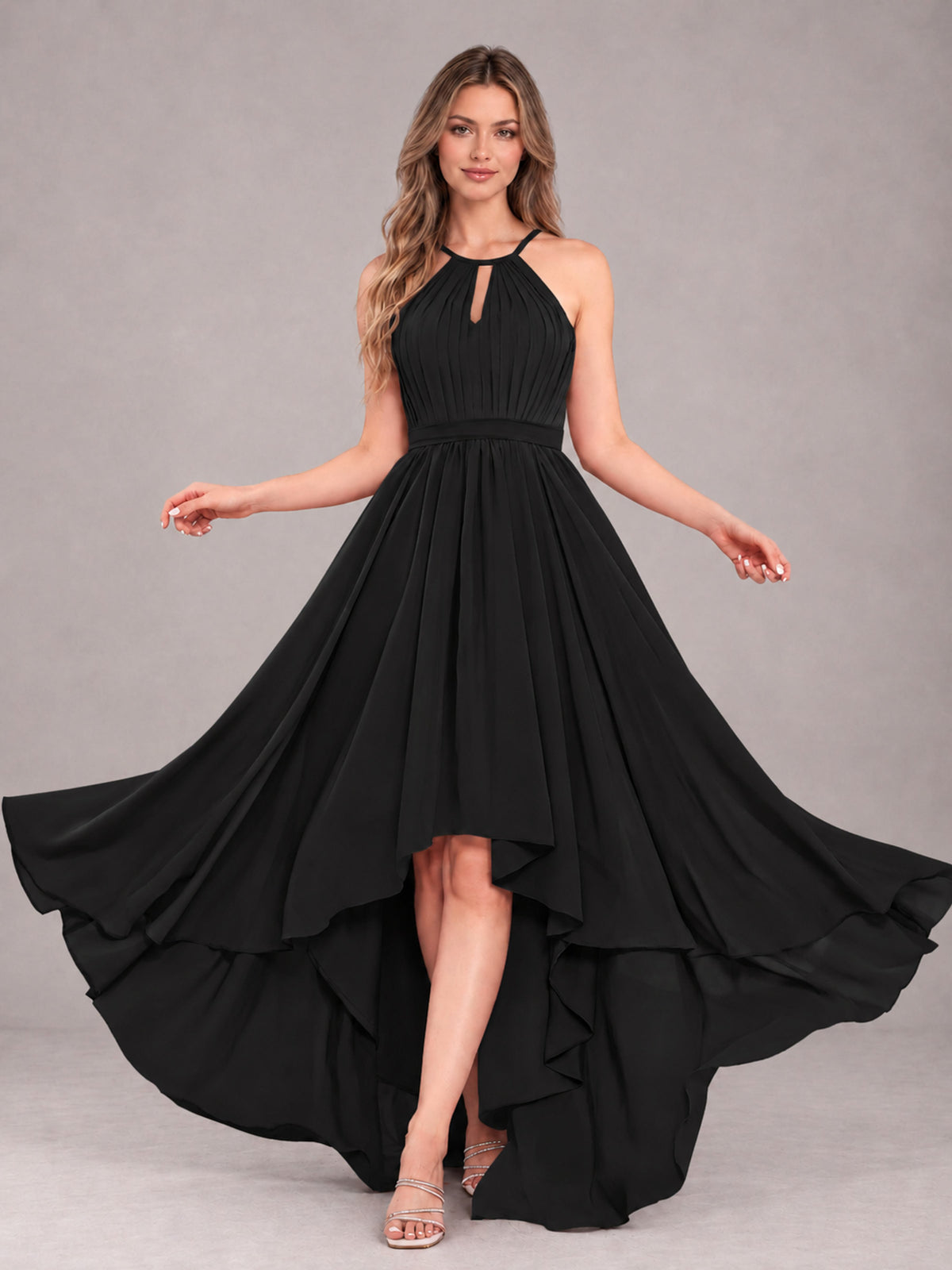 Black Classy Halter Asymmetrical Bow Back Chiffon Bridesmaid Dress
