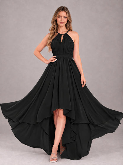 Black Classy Halter Asymmetrical Bow Back Chiffon Bridesmaid Dress