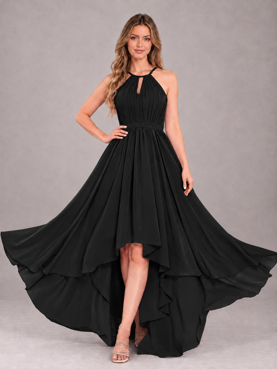 Black Classy Halter Asymmetrical Bow Back Chiffon Bridesmaid Dress