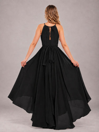Black Classy Halter Asymmetrical Bow Back Chiffon Bridesmaid Dress