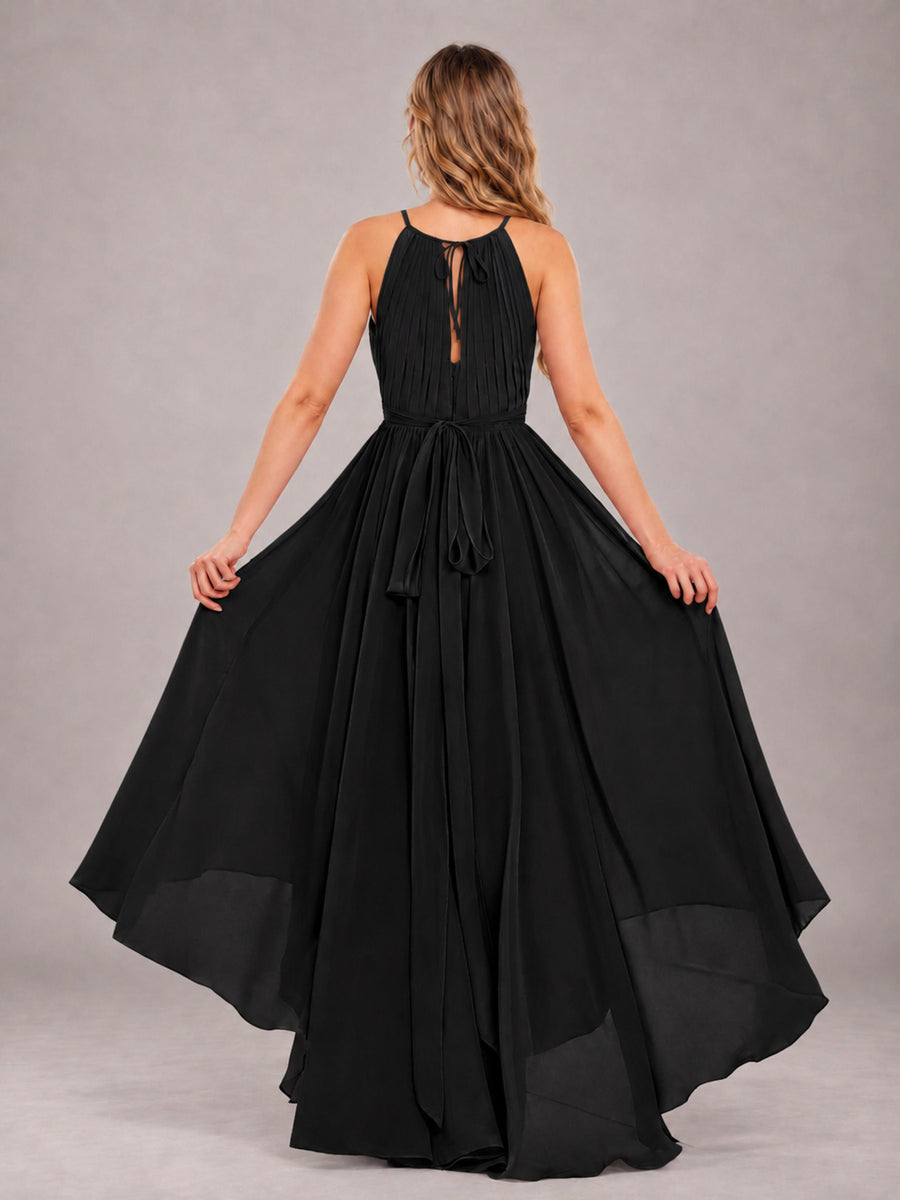 Black Classy Halter Asymmetrical Bow Back Chiffon Bridesmaid Dress