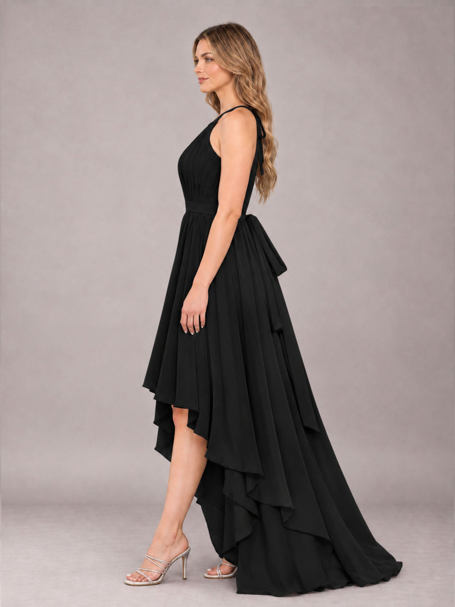 Black Classy Halter Asymmetrical Bow Back Chiffon Bridesmaid Dress