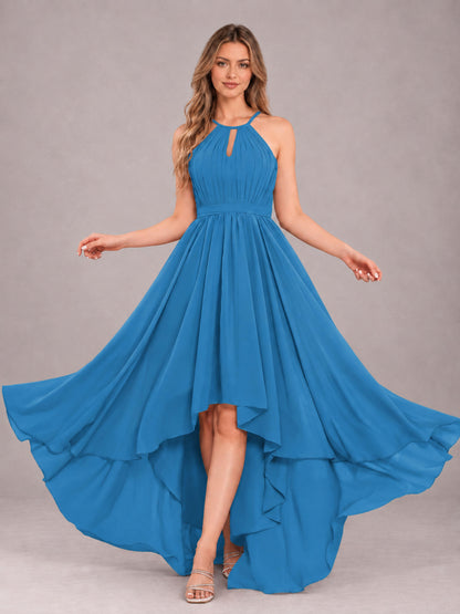 Blue Classy Halter Asymmetrical Bow Back Chiffon Bridesmaid Dress