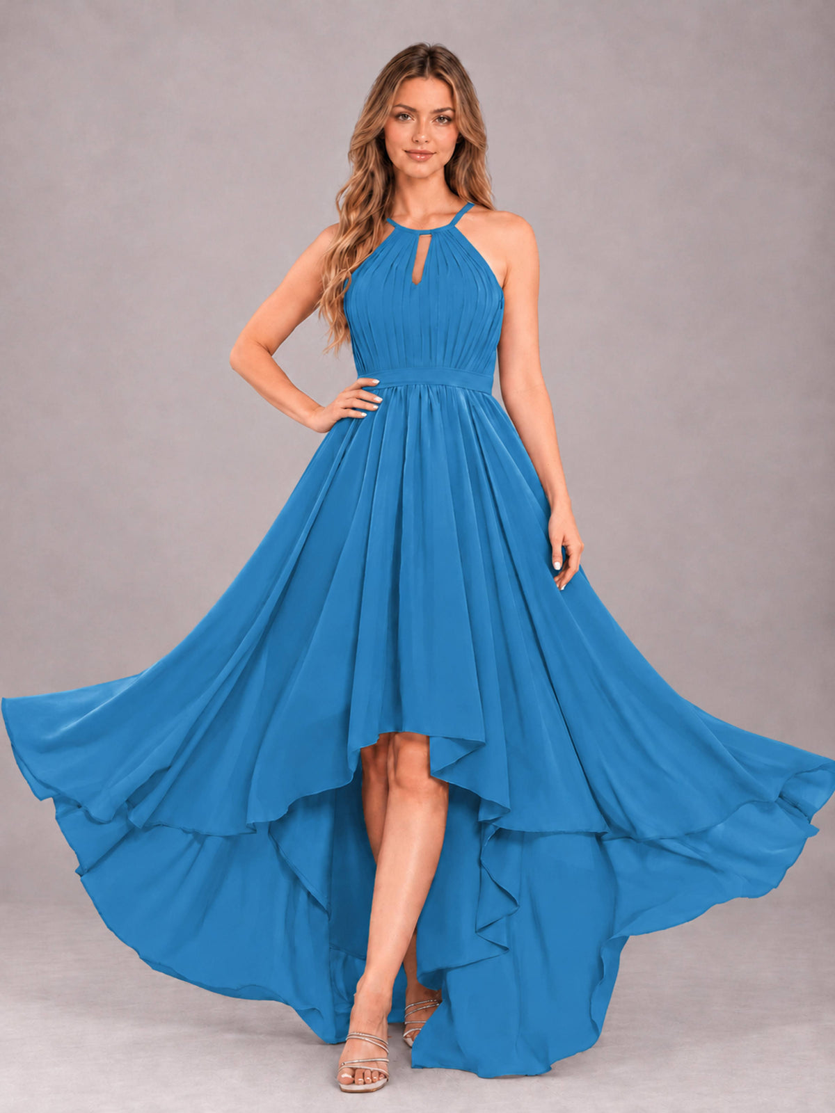 Blue Classy Halter Asymmetrical Bow Back Chiffon Bridesmaid Dress