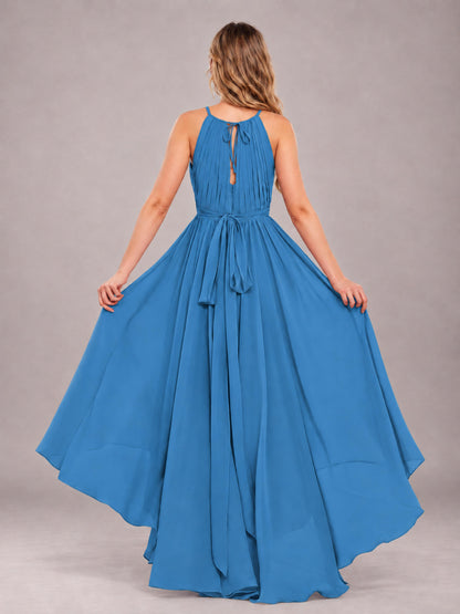 Blue Classy Halter Asymmetrical Bow Back Chiffon Bridesmaid Dress