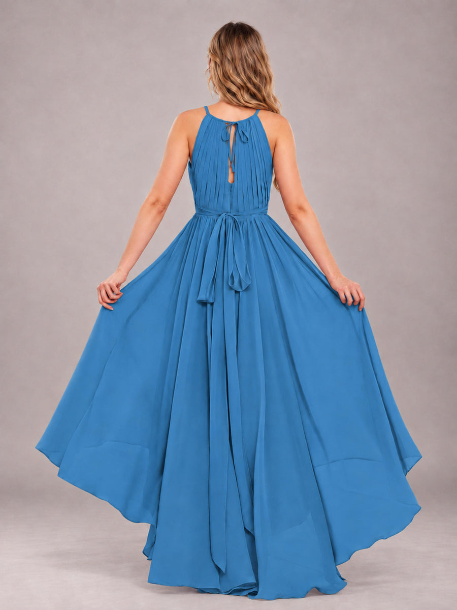 Blue Classy Halter Asymmetrical Bow Back Chiffon Bridesmaid Dress