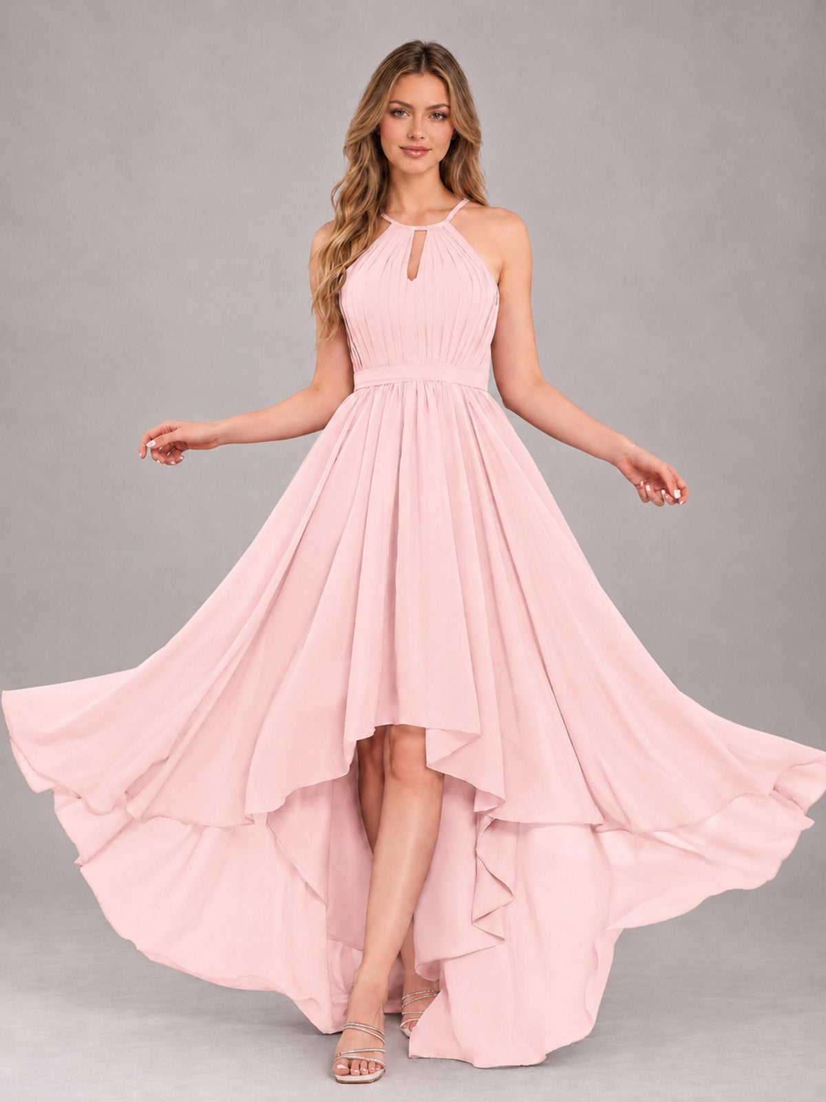 Blush Pink Classy Halter Asymmetrical Bow Back Chiffon Bridesmaid Dress
