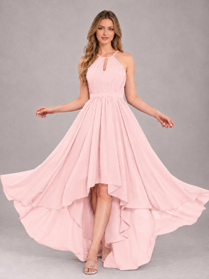 Blush Pink Classy Halter Asymmetrical Bow Back Chiffon Bridesmaid Dress