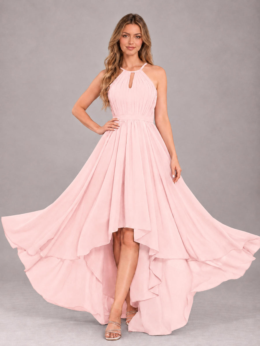 Blush Pink Classy Halter Asymmetrical Bow Back Chiffon Bridesmaid Dress