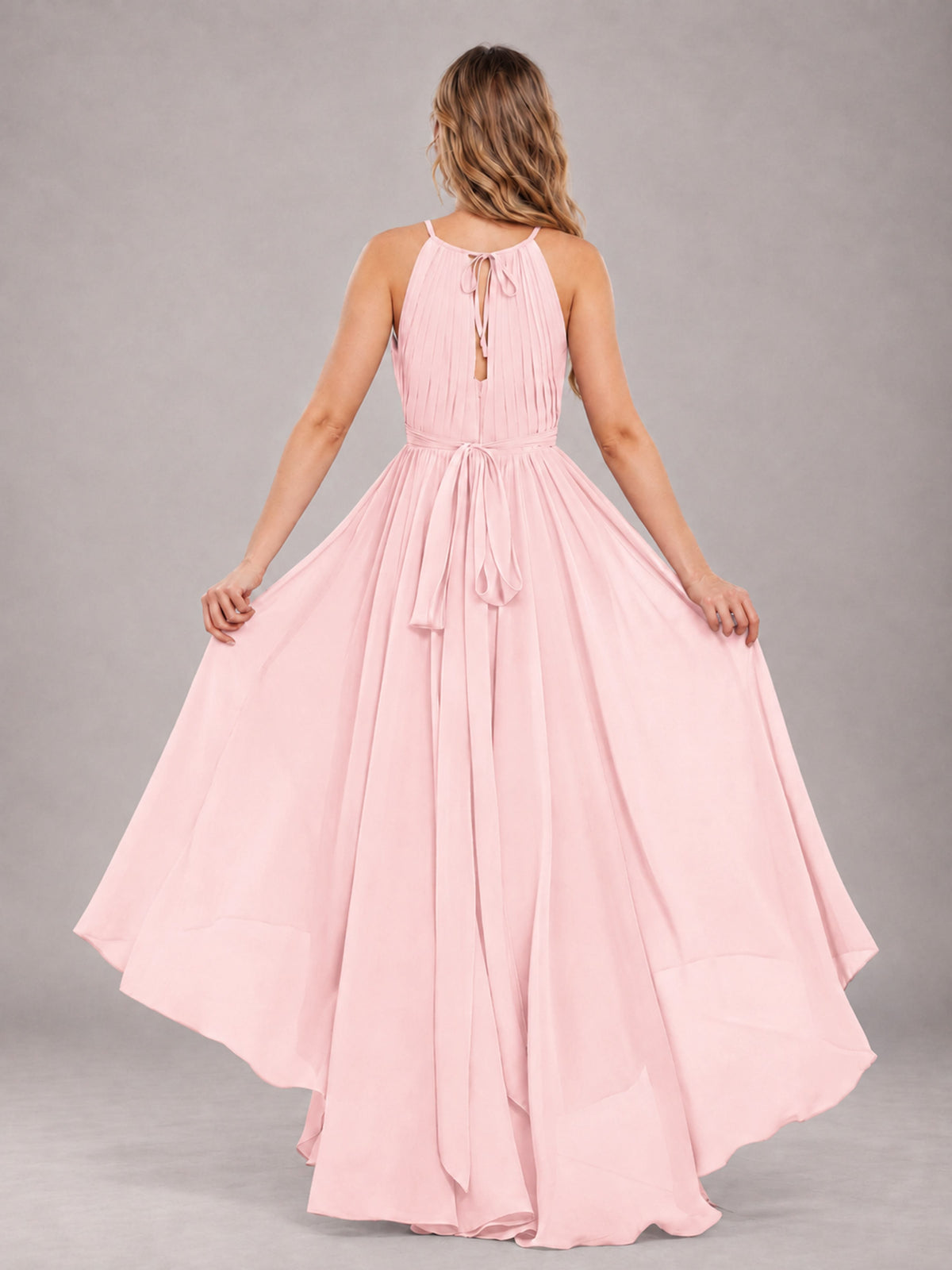 Blush Pink Classy Halter Asymmetrical Bow Back Chiffon Bridesmaid Dress