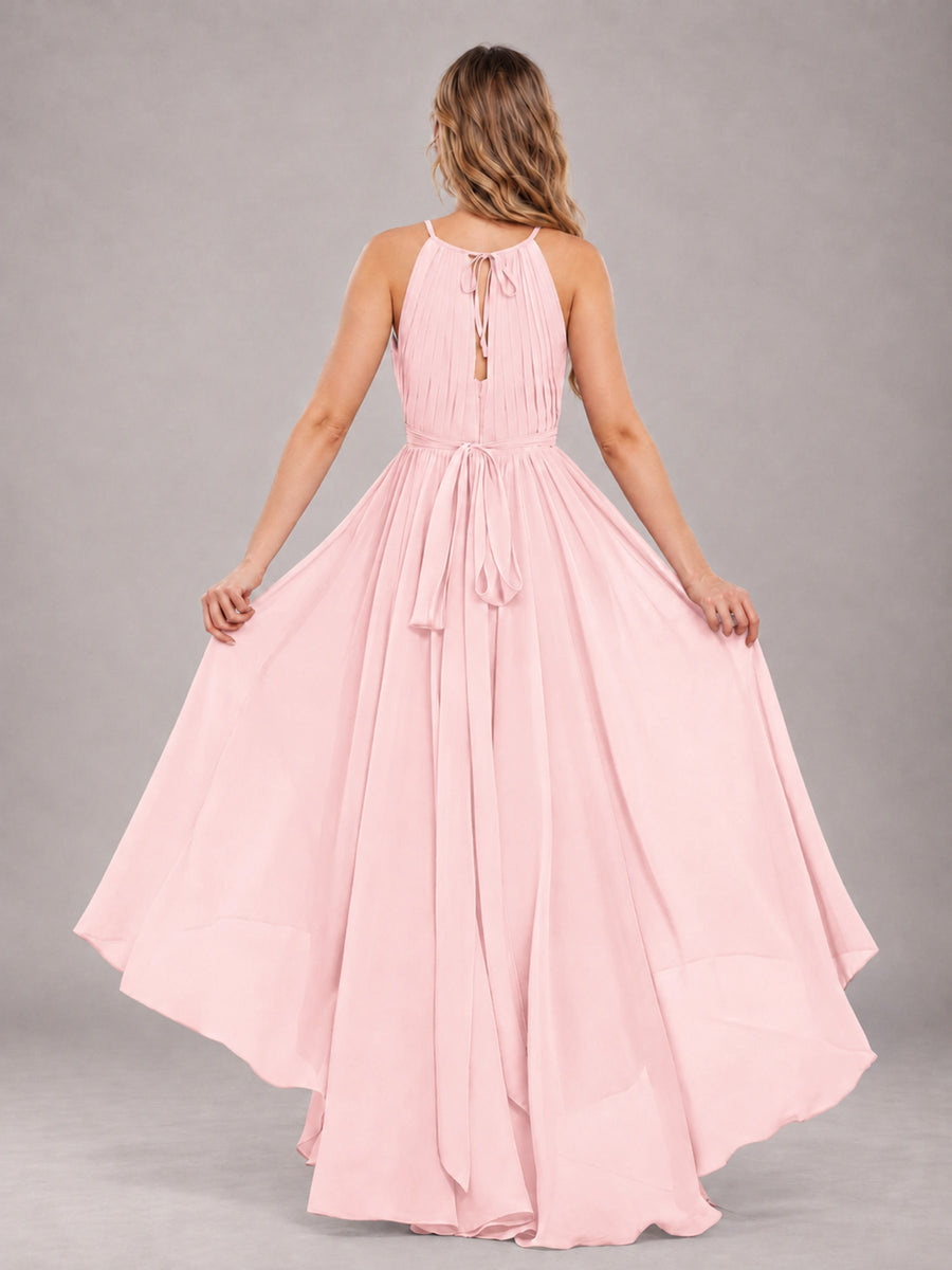 Blush Pink Classy Halter Asymmetrical Bow Back Chiffon Bridesmaid Dress