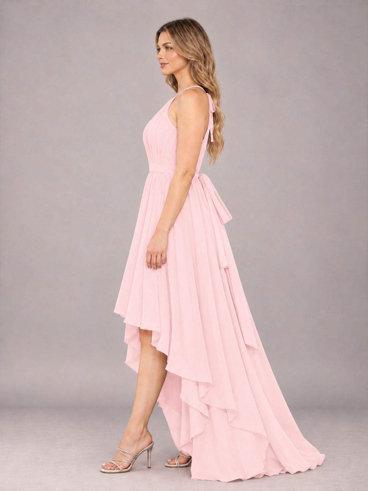 Blush Pink Classy Halter Asymmetrical Bow Back Chiffon Bridesmaid Dress