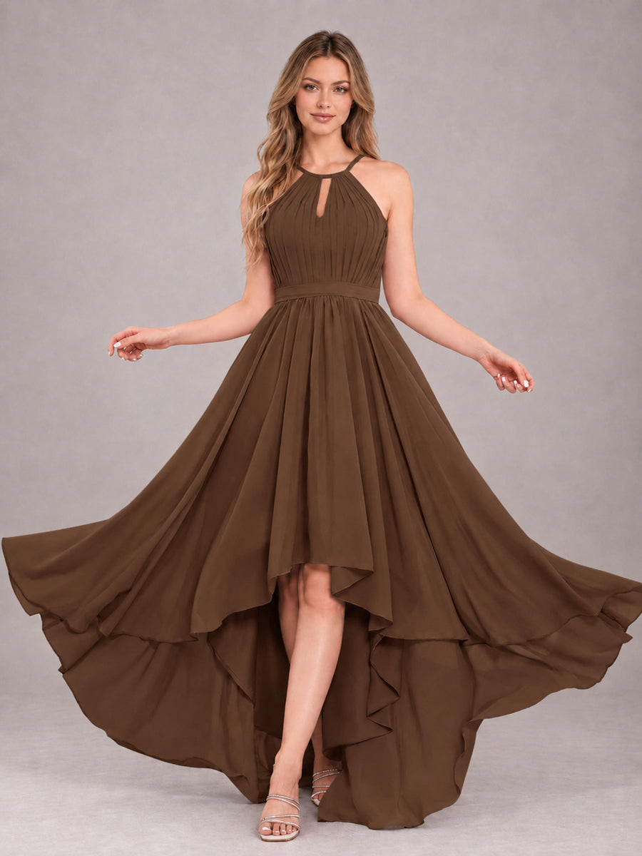 Brown Classy Halter Asymmetrical Bow Back Chiffon Bridesmaid Dress