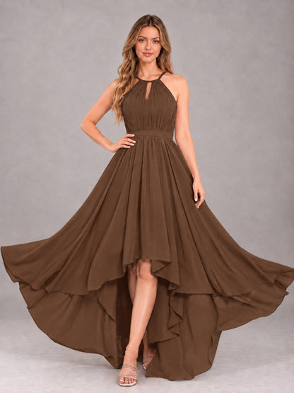 Brown Classy Halter Asymmetrical Bow Back Chiffon Bridesmaid Dress