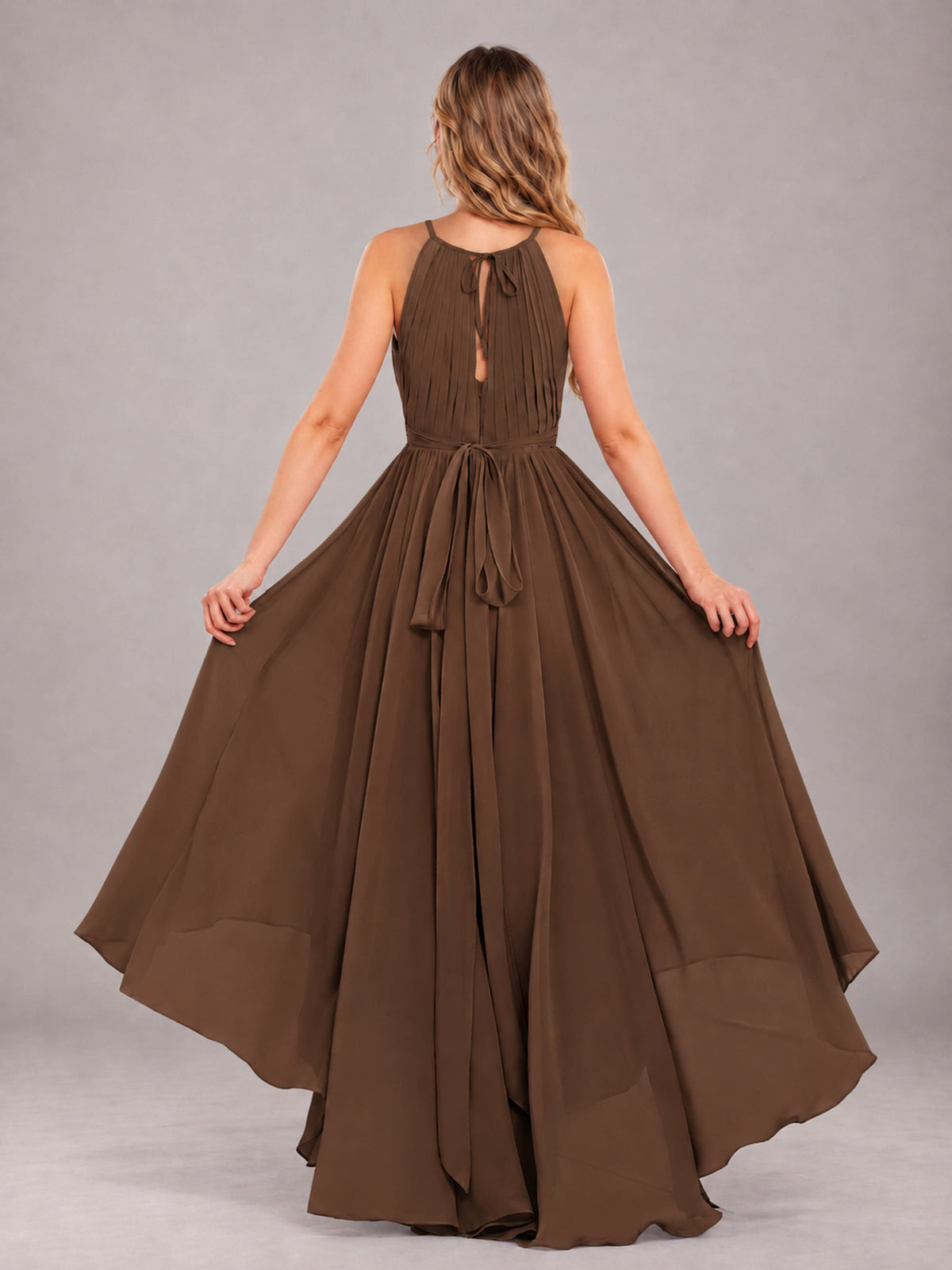 Brown Classy Halter Asymmetrical Bow Back Chiffon Bridesmaid Dress