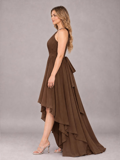 Brown Classy Halter Asymmetrical Bow Back Chiffon Bridesmaid Dress