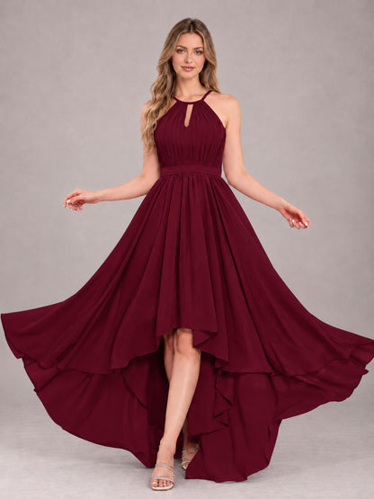 Burgundy Classy Halter Asymmetrical Bow Back Chiffon Bridesmaid Dress