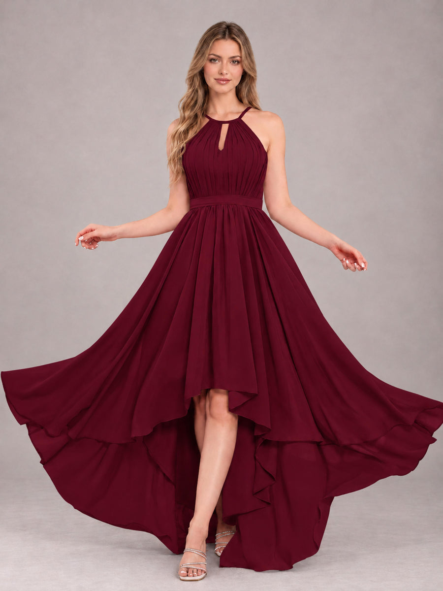 Burgundy Classy Halter Asymmetrical Bow Back Chiffon Bridesmaid Dress