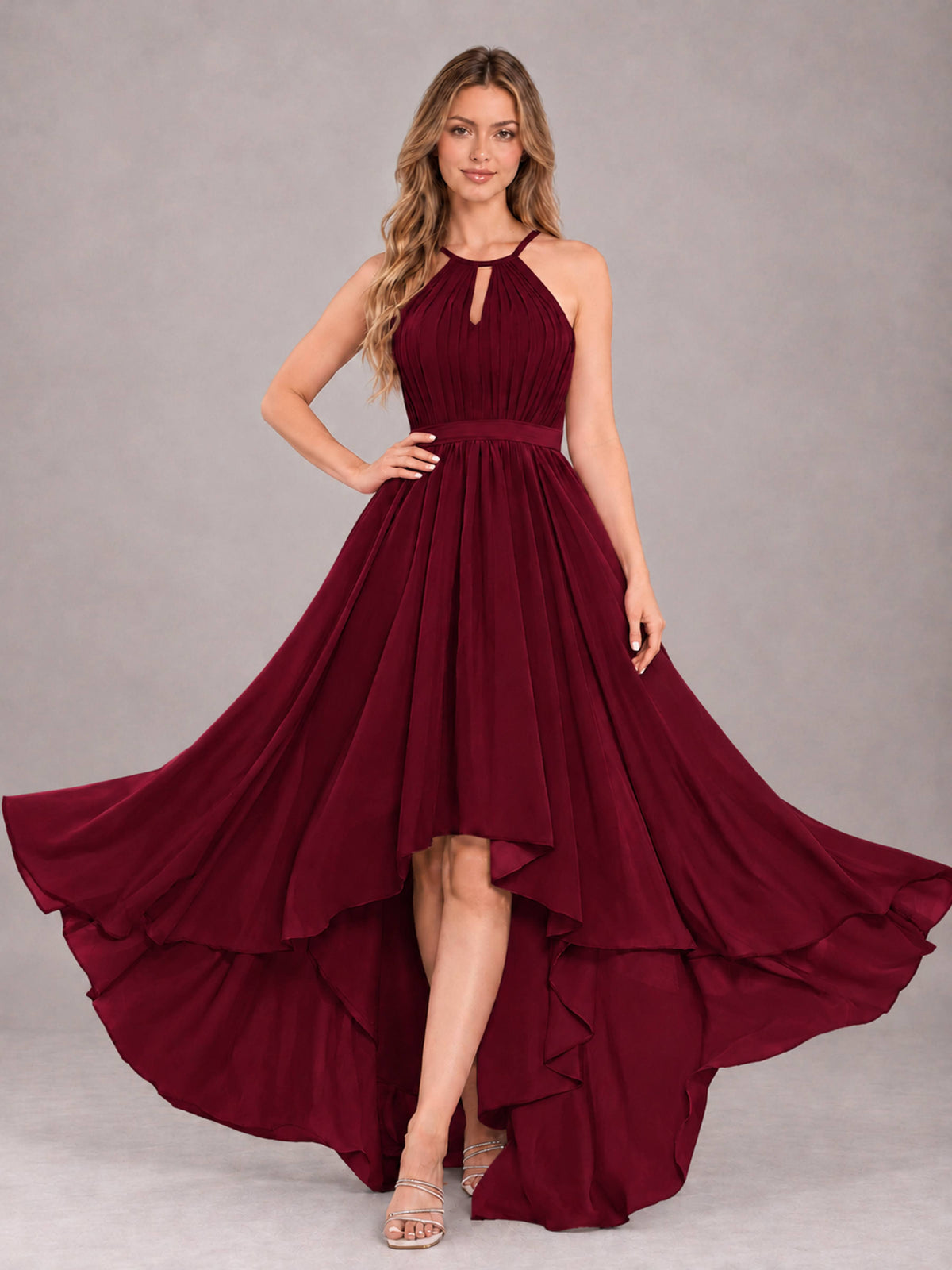 Burgundy Classy Halter Asymmetrical Bow Back Chiffon Bridesmaid Dress