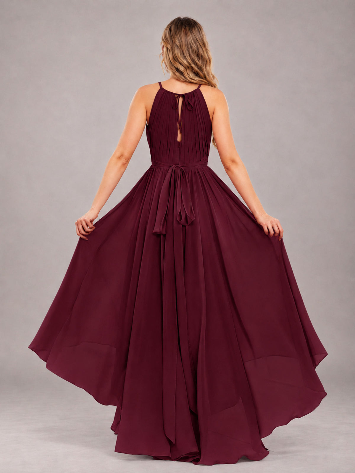 Burgundy Classy Halter Asymmetrical Bow Back Chiffon Bridesmaid Dress