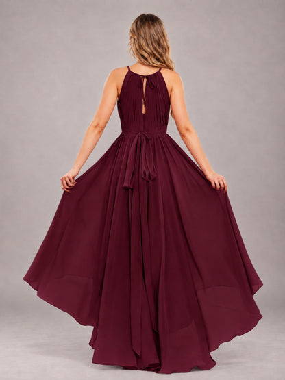 Burgundy Classy Halter Asymmetrical Bow Back Chiffon Bridesmaid Dress