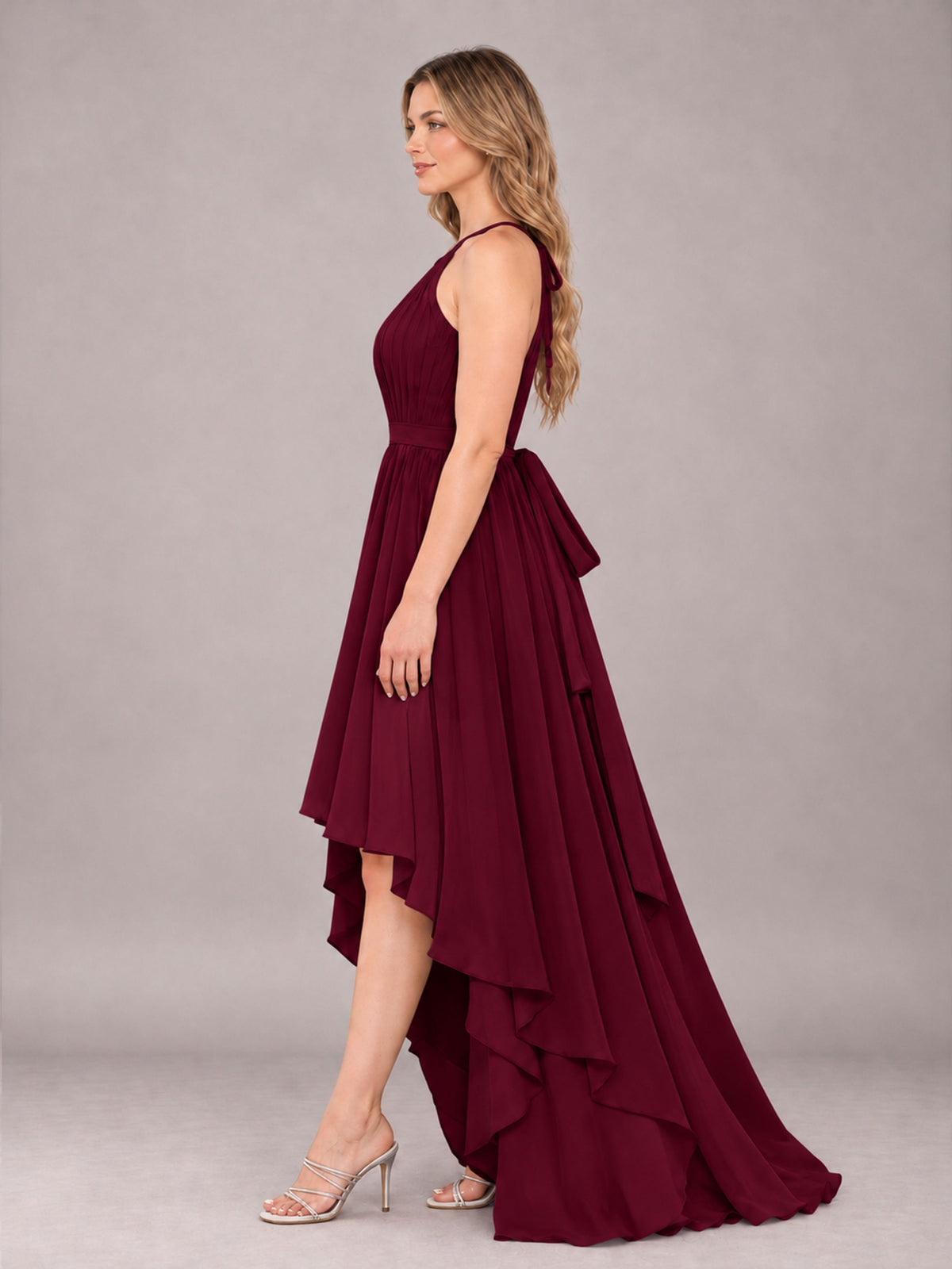 Burgundy Classy Halter Asymmetrical Bow Back Chiffon Bridesmaid Dress